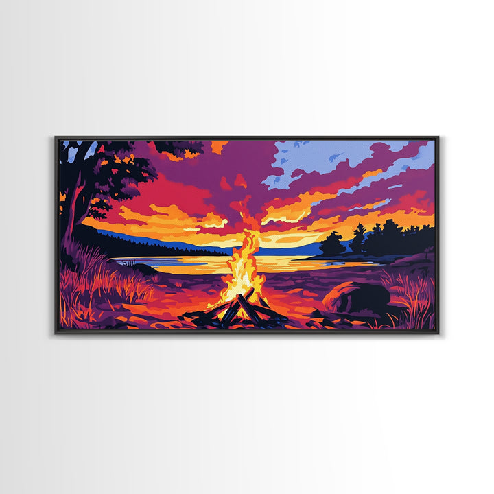 Bonfire, lakeside evening, autumn wall art, warm sunset painting, outdoor adventure art, extra wide art, framed canvas print