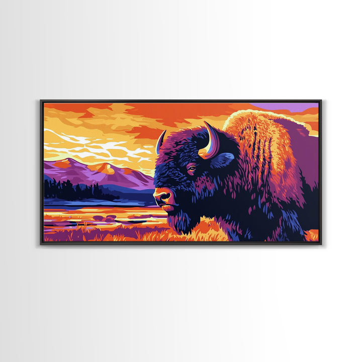 Bison, mountain scenery, rustic wildlife decor, western art, nature lover gift idea, farmhouse wall art, framed canvas print