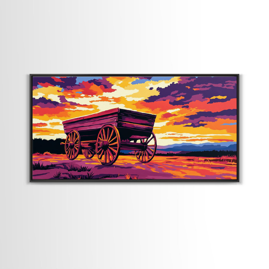 Covered wagon, prairie landscape, rustic western art, historical painting, farmhouse decor, extra wide art, framed canvas print
