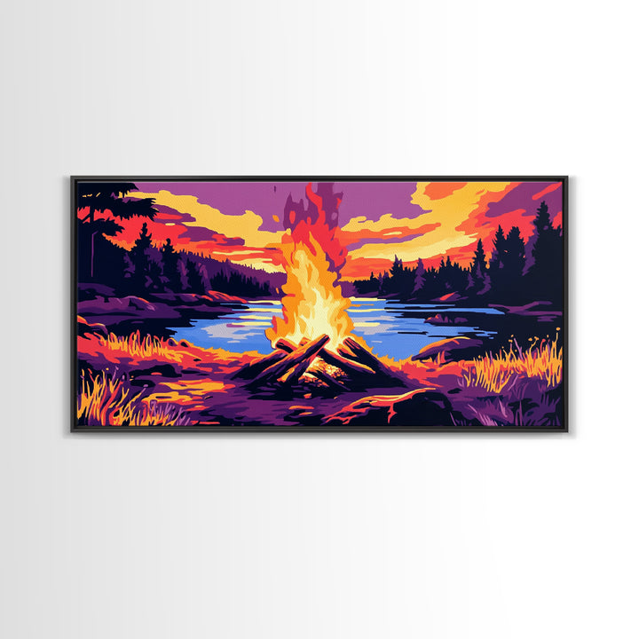 Campfire, lake sunset, rustic art, outdoor decor, cozy cabin wall art, smoky mountain art, framed canvas print, horizontal wall art