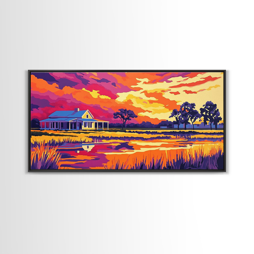 Rural Farmhouse, Rustic Wall Art, Barn Landscape Oil Painting, Farmhouse Art, Framed Canvas Print, Panoramic Art, Above Bed Wall Art