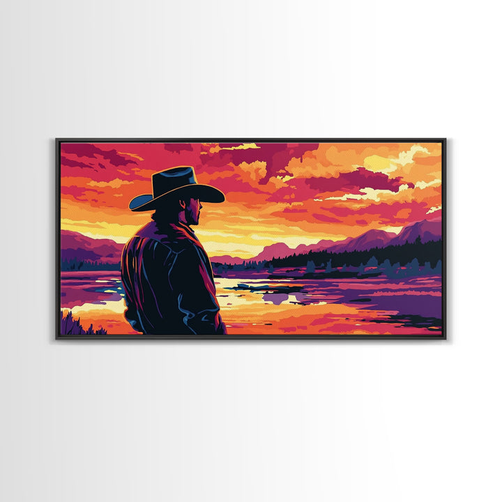 Cowboy Silhouette, Western Art, Southwest Wall Art, Rustic Decor, Moody Art, Framed Canvas Print, Gift Idea, Panoramic Art, Horizontal Wall Art