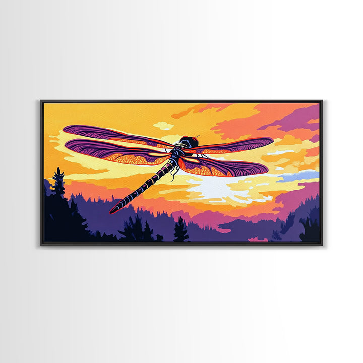 Dragonfly Glow, whimsical art, nature painting, wildflower painting, botanical prints, pink orange wall art, framed canvas print