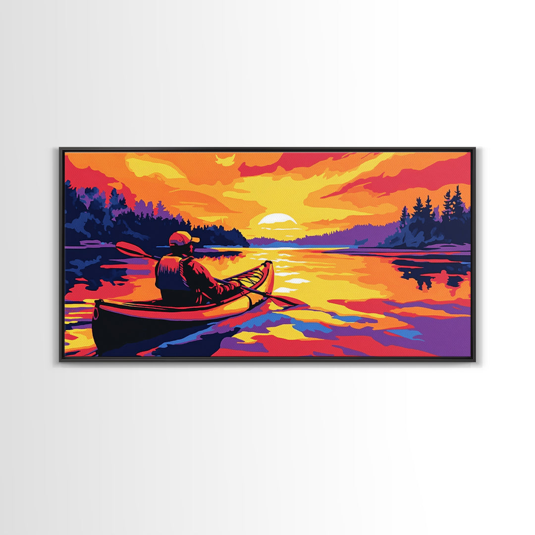 Kayaker at Sunset, fisherman painting, nautical painting, coastal landscape art, rustic decor, panoramic painting, canvas print