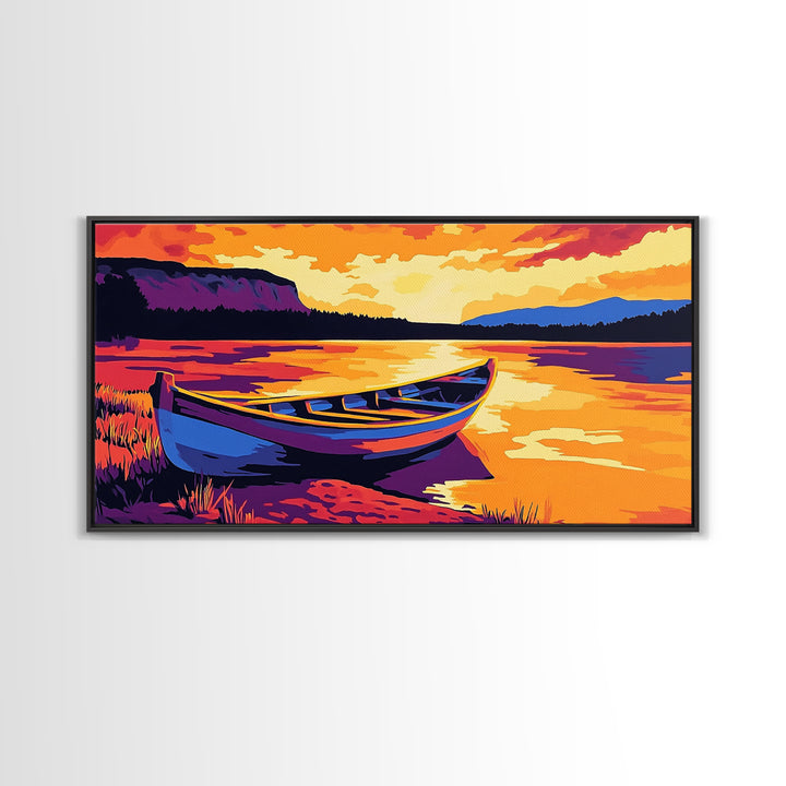 Boat on the Shore, nautical painting, seascape painting, rustic decor, above couch art, panoramic painting, extra wide art, canvas print