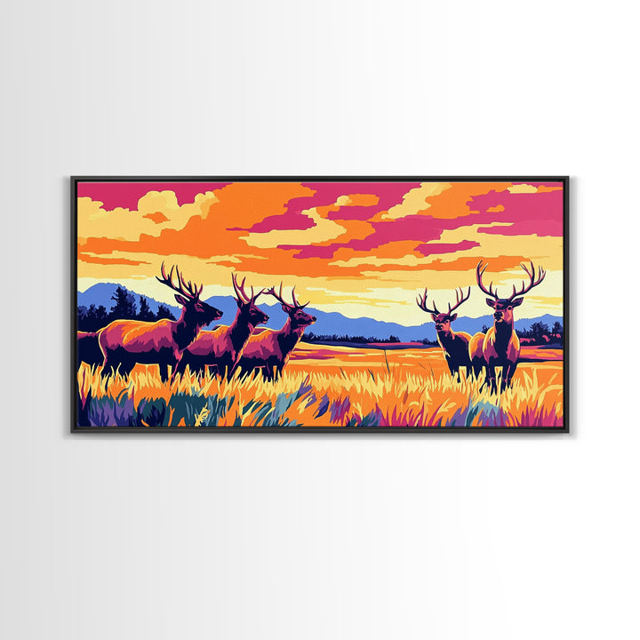 Autumn Elk, wildlife painting, deer drinking water in forest painting, rustic decor, farmhouse art, landscape painting, framed canvas print