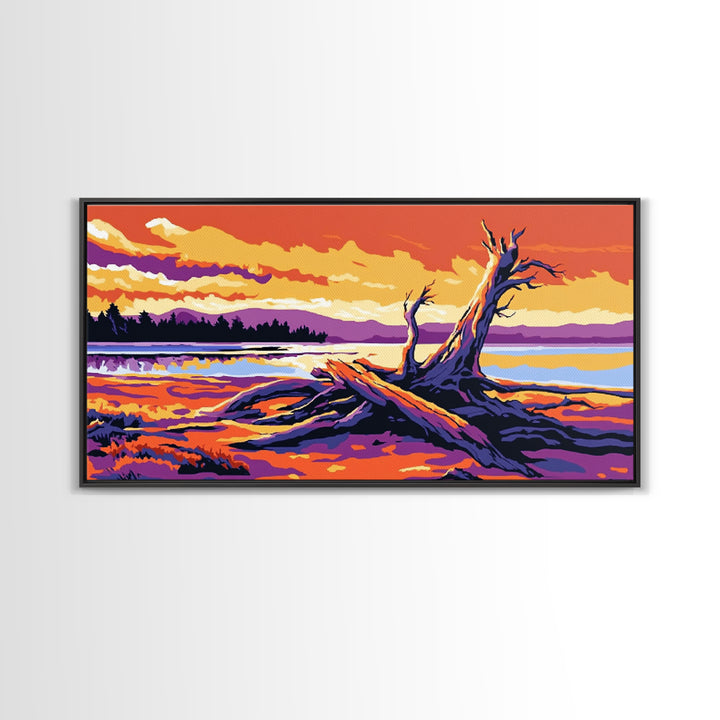 Driftwood Beach Scene, coastal landscape art, nautical painting, rustic wall art, ocean sunset art, panoramic art, framed canvas print