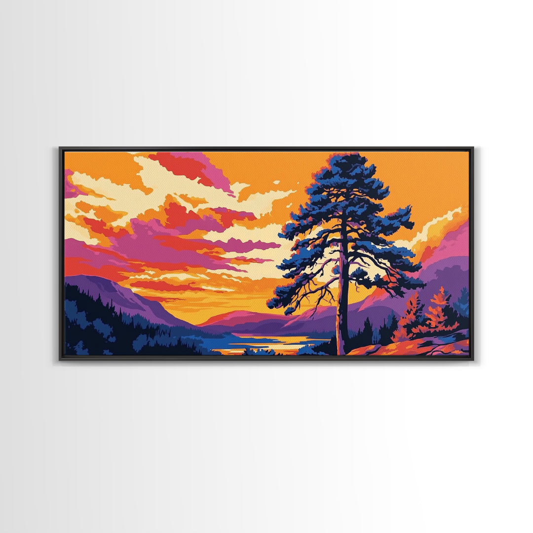 Pine Tree Sunset, smoky mountain art, Joshua tree art, landscape painting, rustic decor, extra wide wall art, framed canvas print
