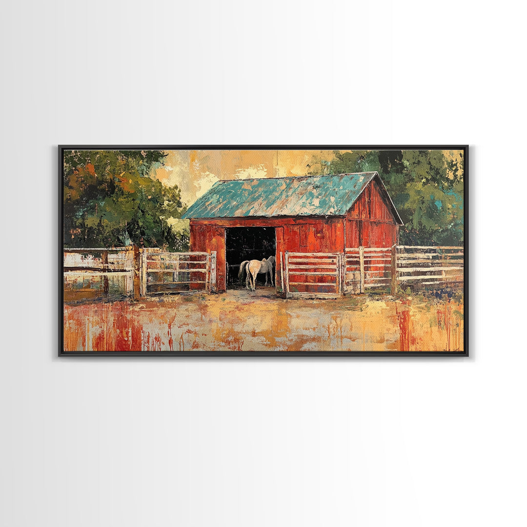 Rustic Barn Scene, barn landscape oil painting, western wall art, farmhouse decor, rural life painting, extra wide art, framed canvas print, wabi sabi art