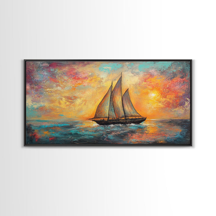 Sailboat at Sunset, nautical painting, coastal decor, seascape painting, beach house art, extra wide art, oil painting, canvas print