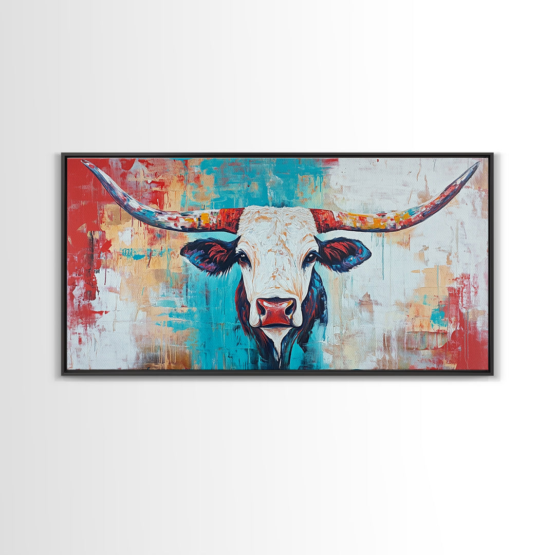 Colorful Longhorn Art, rustic wall art, farmhouse art, southwest wall art, bold animal painting, extra wide art, canvas print, wabi sabi art