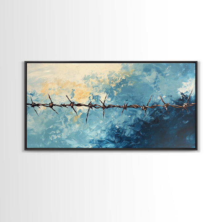 Barbed Wire, Rustic Wall Art, Southwest Art, Minimalist Art, Moody Painting, Extra Wide Art, Western Landscape Art, Framed Canvas Print