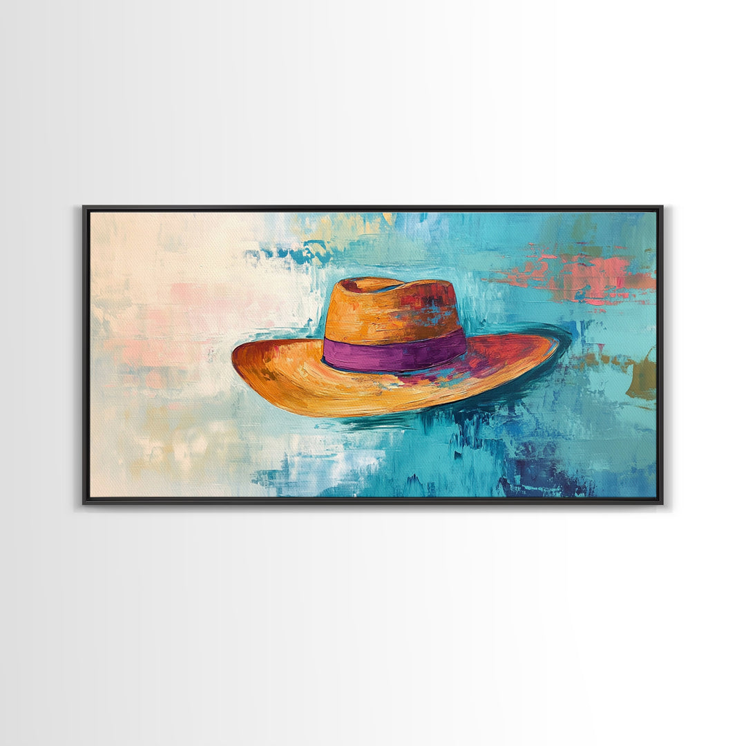 Western Hat, Boho Art, Rustic Wall Art, Southwest Art, Moody Painting, Extra Wide Art, Minimalist Art, Framed Canvas Print