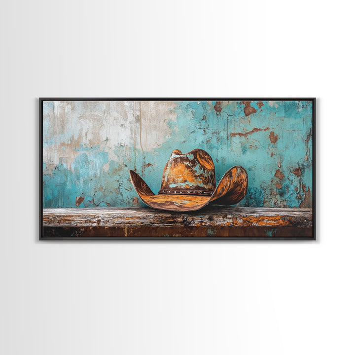 Cowboy Hat Art, Framed Canvas Print, Rustic Decor, Southwest Wall Art, Extra Wide Art, Farmhouse Art, Moody Art, Western Wall Art