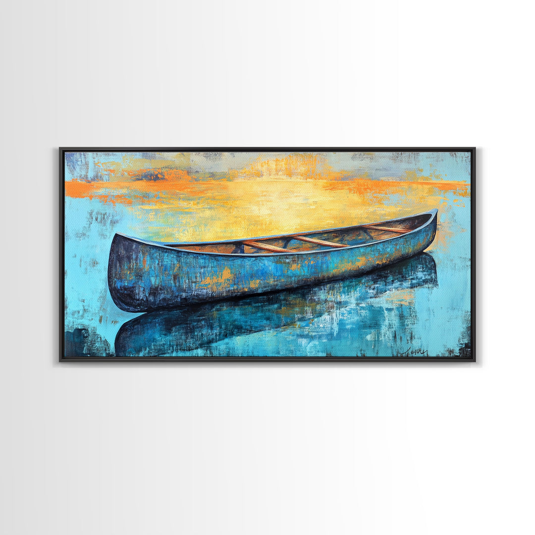 Canoe, Lake Art, Fly Fishing Art, Rustic Wall Art, Coastal Painting, Above Couch Art, Horizontal Wall Art, Framed Canvas Print, Nautical Decor
