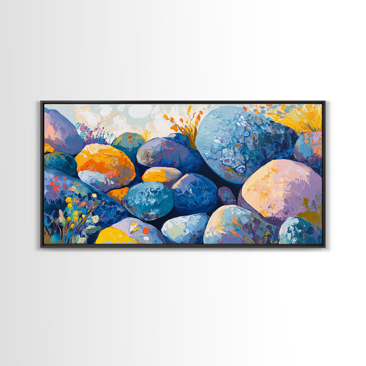 River Rocks, Whimsical Art, Mosaic Wall Art, Boho Art, Teal Wall Art, Nature Inspired Art, Abstract Landscape, Canvas Print, Gift Idea Her