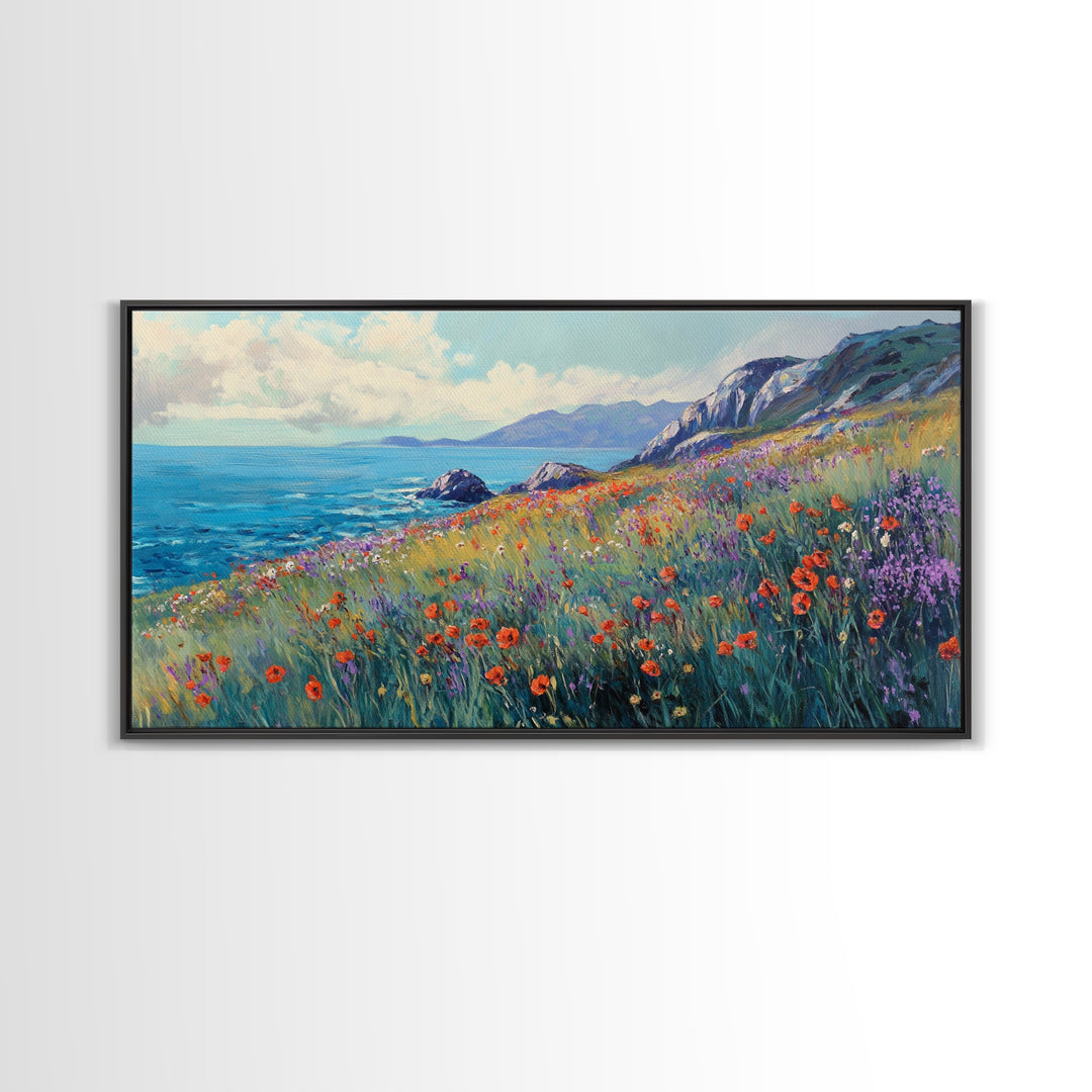 Coastal Wildflower Art, Framed Canvas Print, Poppy Wall Art, Coastal Landscape Art, Seascape Painting, Extra Wide Art, Above Couch Art