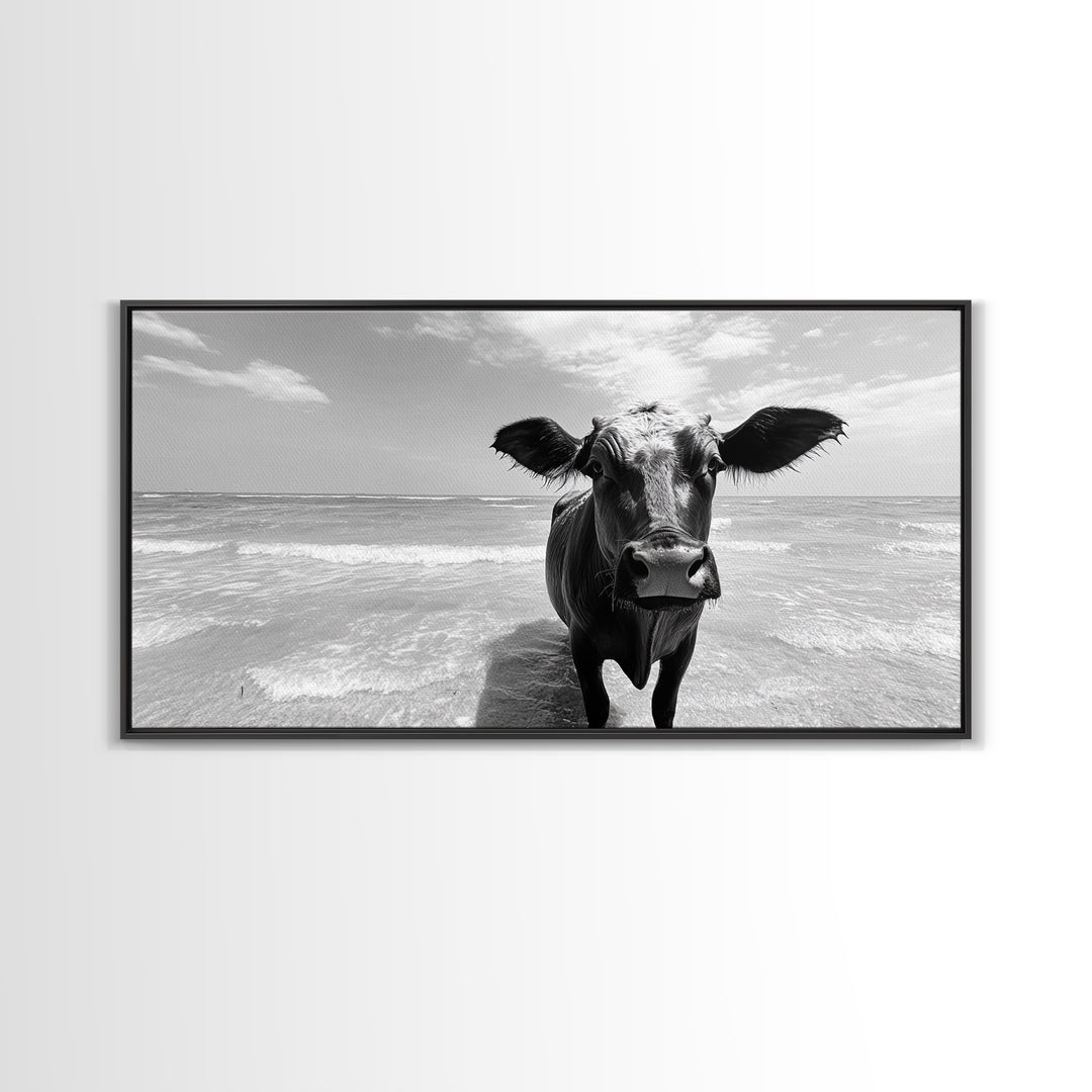 Curious Beach Cow, coastal wall art, cow painting, whimsical art, black and white photography, farmhouse decor, seascape painting, Canvas Print