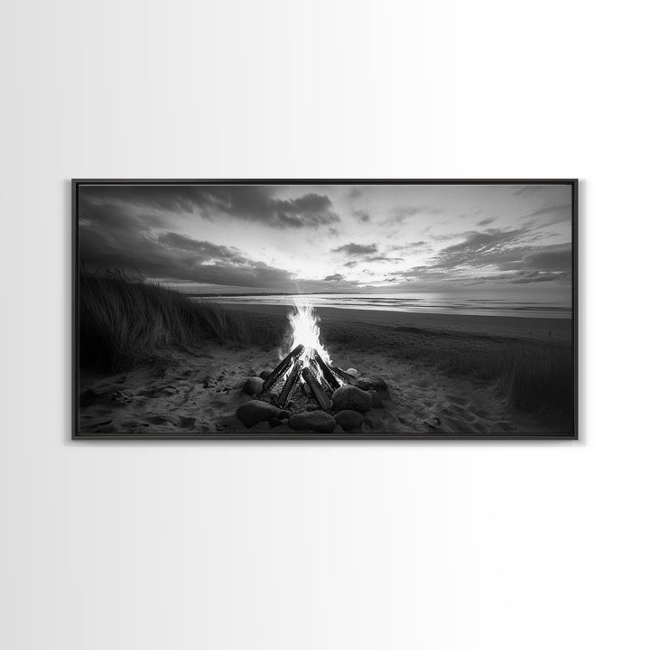 Bonfire on Beach, coastal decor, nautical painting, rustic art, beach sunset print, seascape painting, landscape painting, Framed Canvas Print