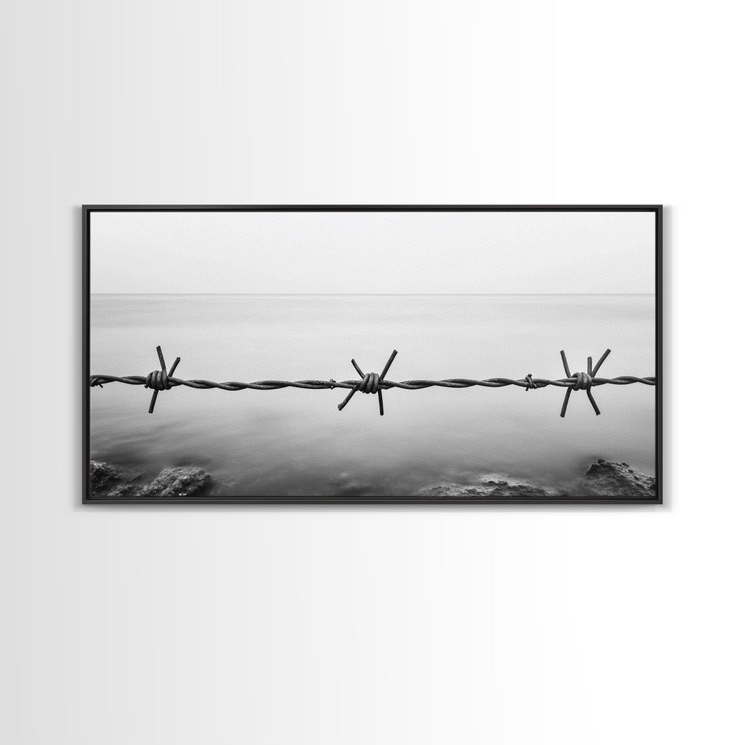 Barbed Wire, rustic decor, farmhouse art, minimalist black and white, modern wabi sabi wall art, textured art, panoramic art, Canvas Print