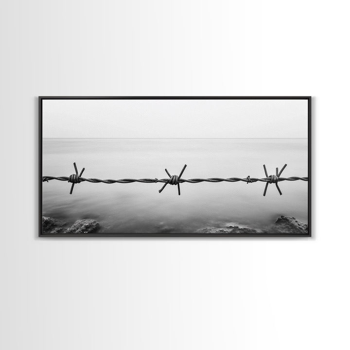 Barbed Wire, rustic decor, farmhouse art, minimalist black and white, modern wabi sabi wall art, textured art, panoramic art, Canvas Print