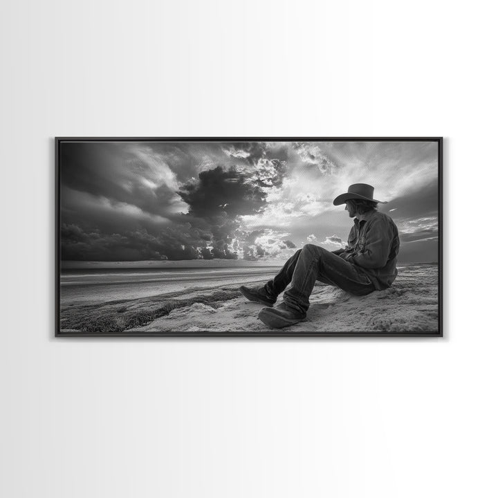 Cowboy on Beach, Moody Art, Western Wall Art, Dramatic Sky Print, Rustic Decor, Coastal Cowgirl Aesthetic, Framed Canvas Print, Scenic View
