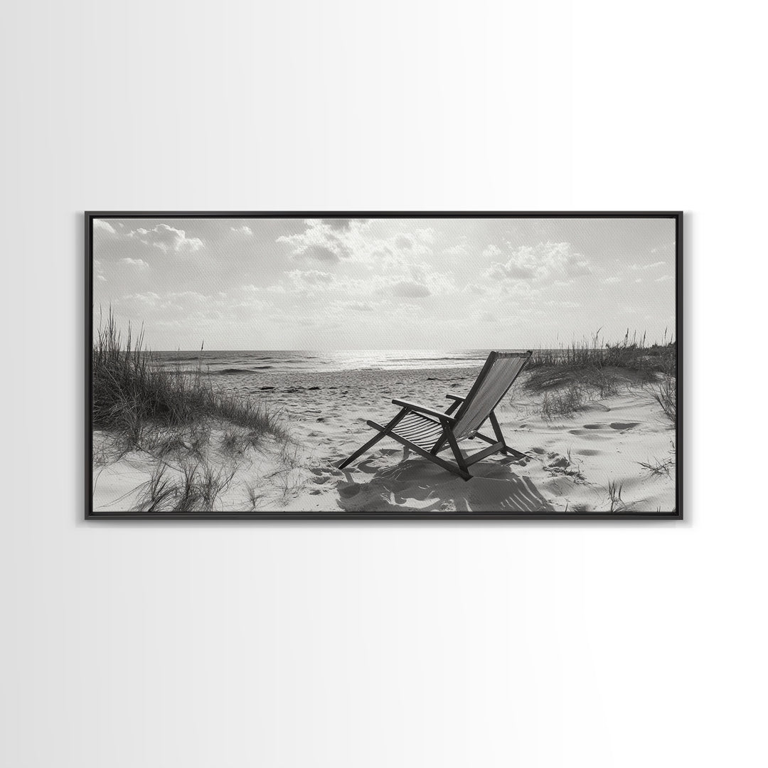 Beach Chair, Coastal Landscape Art, Minimalist Art, Wabi Sabi Art, Ocean View Print, Relaxing Decor, Framed Canvas Print, Nautical Wall Art