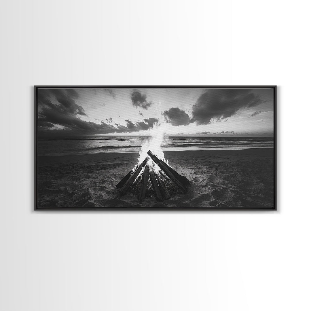 Bonfire On Beach, Coastal Wall Art, Moody Art, Extra Wide Art, Sunset Wall Art, Panoramic Art, Rustic Wall Art, Framed Canvas Print