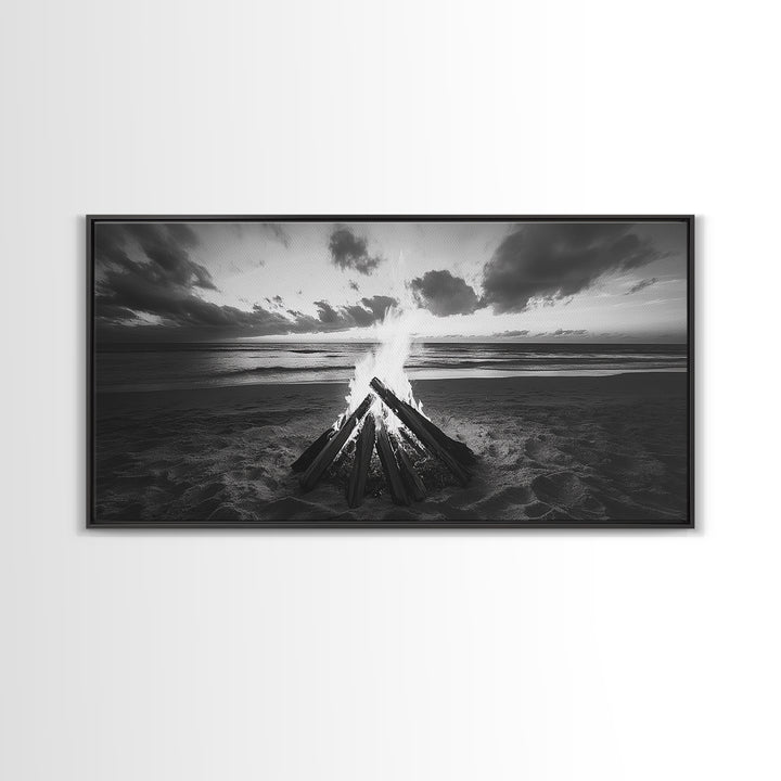 Bonfire On Beach, Coastal Wall Art, Moody Art, Extra Wide Art, Sunset Wall Art, Panoramic Art, Rustic Wall Art, Framed Canvas Print