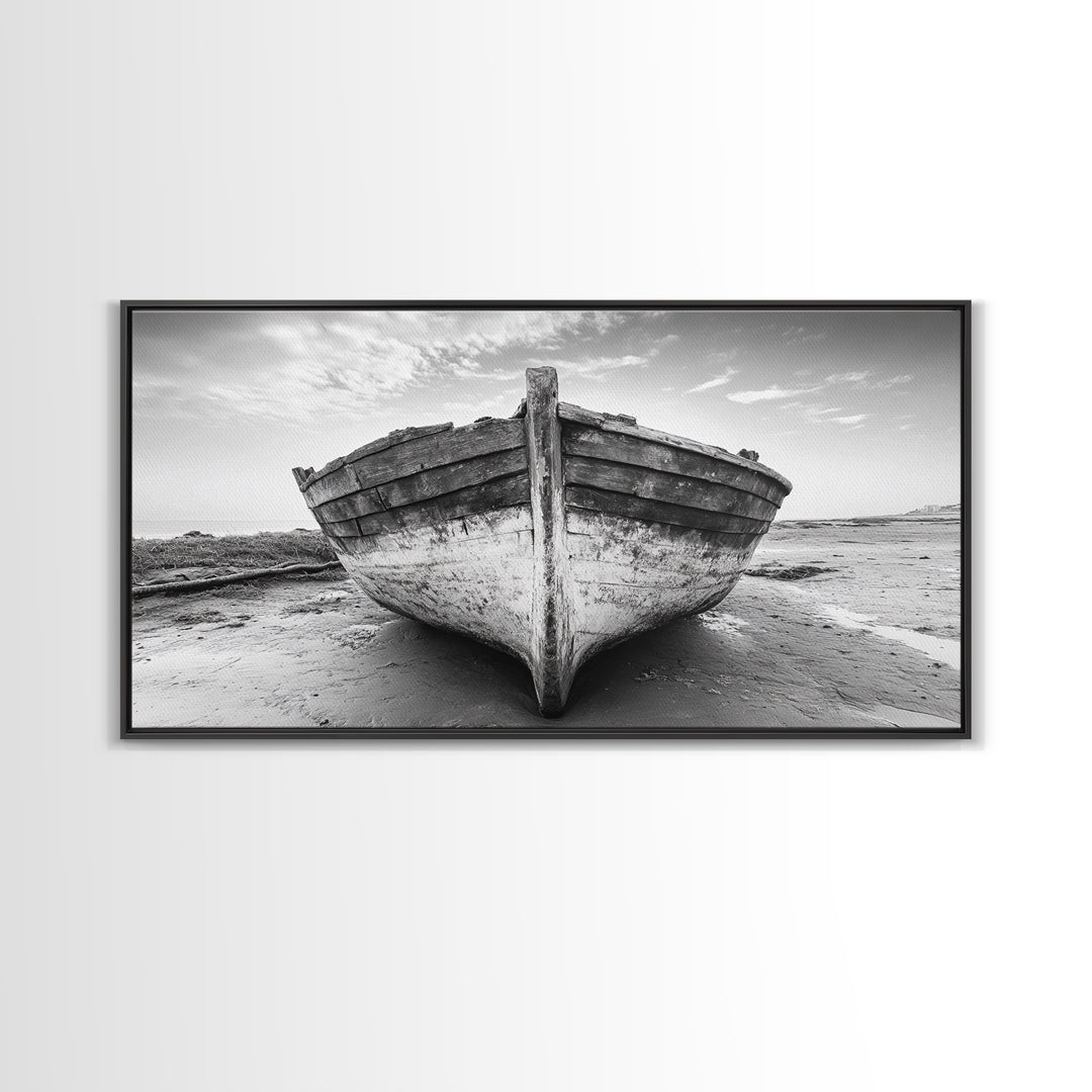 Beached Boat, Nautical Wall Art, Rustic Decor, Coastal Landscape Art, Extra Wide Art, Panoramic Painting, Canvas Print