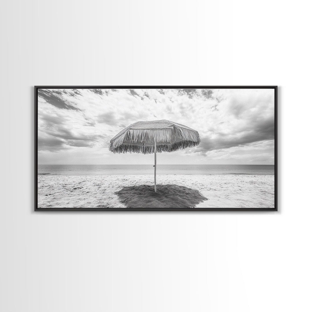 Beach Umbrella, Coastal Wall Art, Minimalist Art, Panoramic Art, Nautical Decor, Extra Wide Art, Coastal Landscape Art, Canvas Print