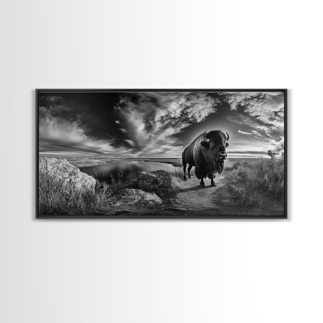 Bison Landscape, Southwest Wall Art, Rustic Wall Art, Moody Art, Panoramic Art, Extra Wide Art, Nature Wall Art, Framed Canvas Print