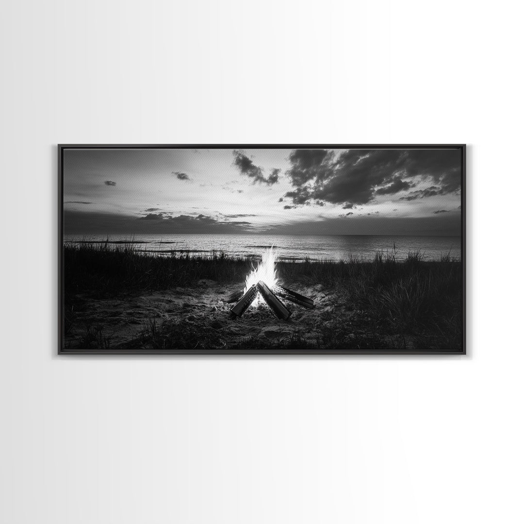 Beach Bonfire, coastal decor, nautical wall art, seascape painting, moody art, rustic wall art, dark romance painting, Canvas Print