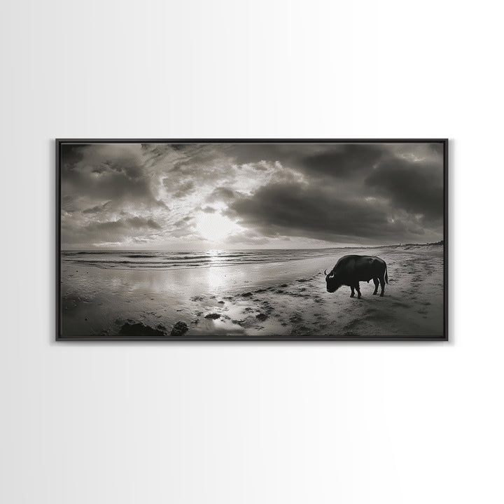 Buffalo, seascape painting, coastal landscape art, rustic decor, farmhouse art, panoramic painting, extra wide art, framed canvas print