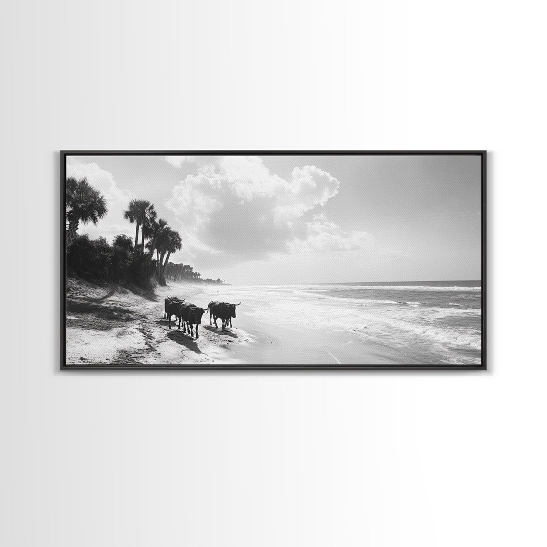 Cattle on beach, coastal cowgirl wall art, rustic decor, farmhouse art, landscape painting, panoramic painting, extra wide art, framed canvas print
