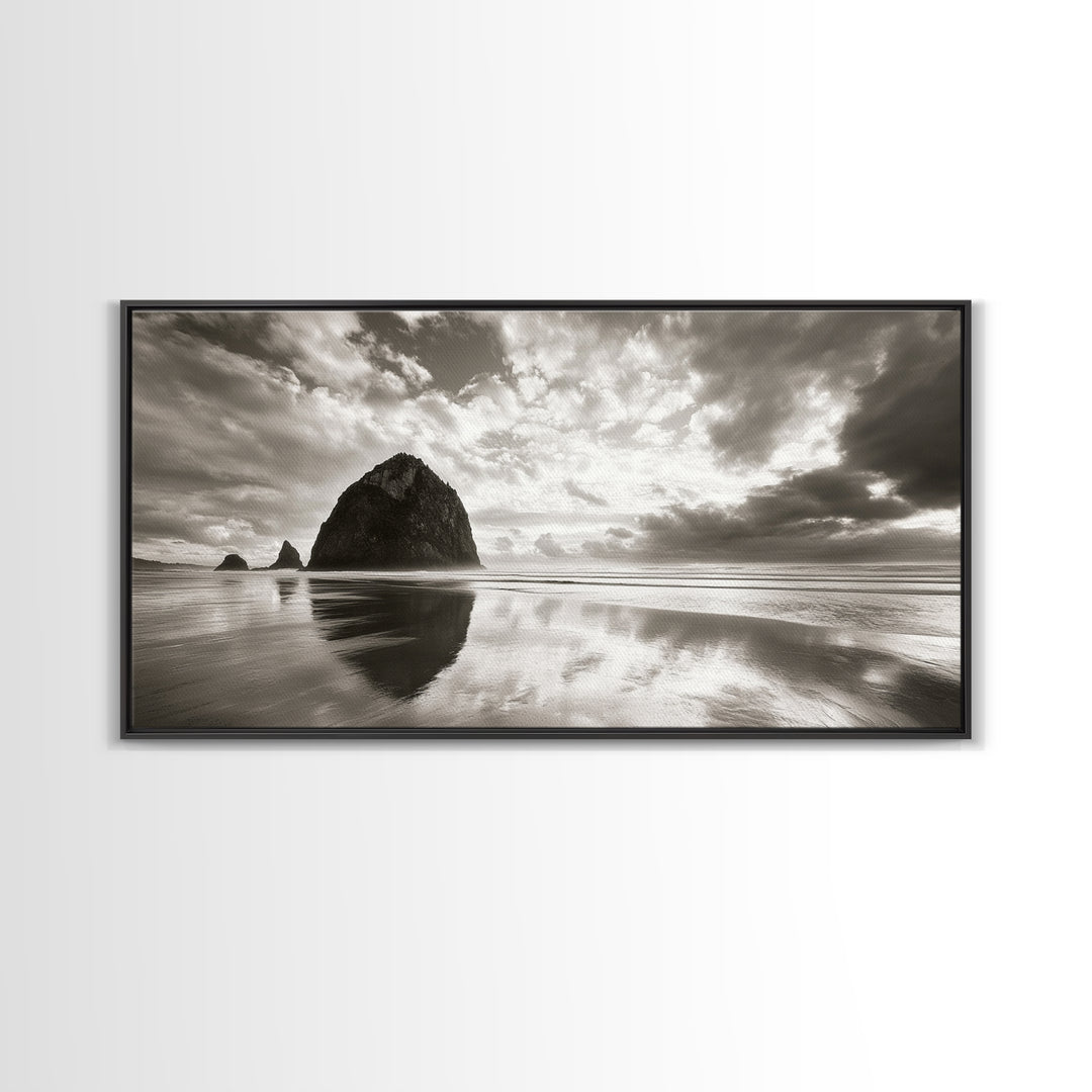 Coastal, seascape, moody art, ocean view, nautical wall art, panoramic painting, extra wide art, above bed wall art, framed canvas print