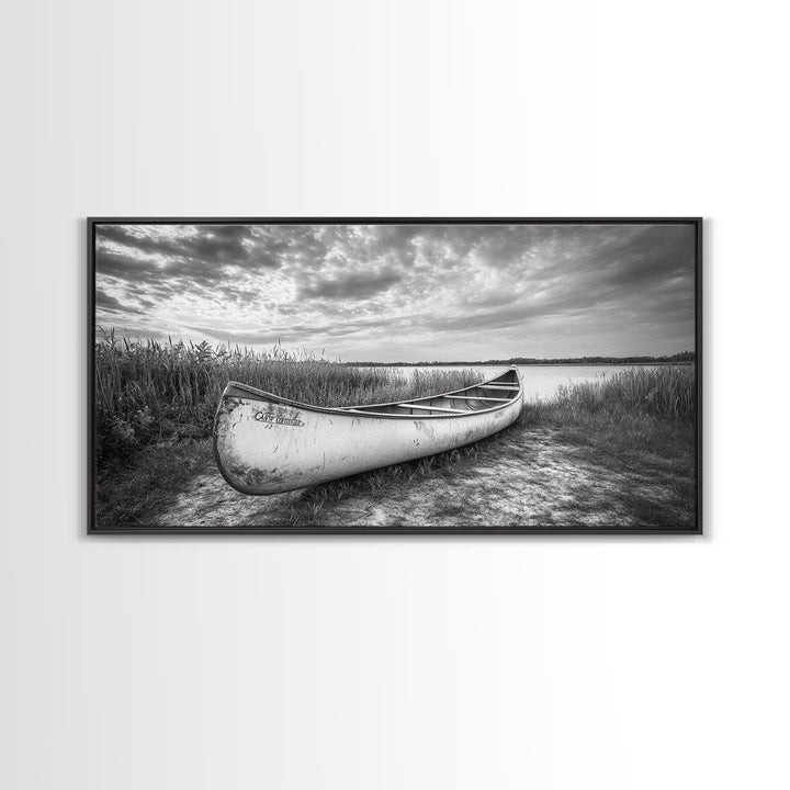 Canoe, lake, coastal cowgirl wall art, rustic decor, farmhouse art, panoramic art, horizontal wall art, extra wide art, framed canvas print