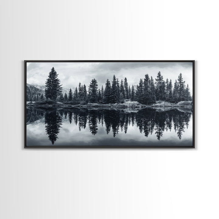 Pine tree reflection, moody art, mountain painting, pine tree art, rustic decor, panoramic art, extra wide art, framed canvas print