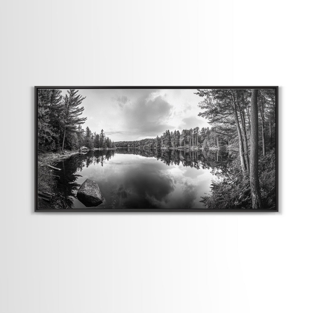 Lake reflection, pine tree art, landscape painting, wabi sabi art, rustic decor, panoramic painting, extra wide art, framed canvas print