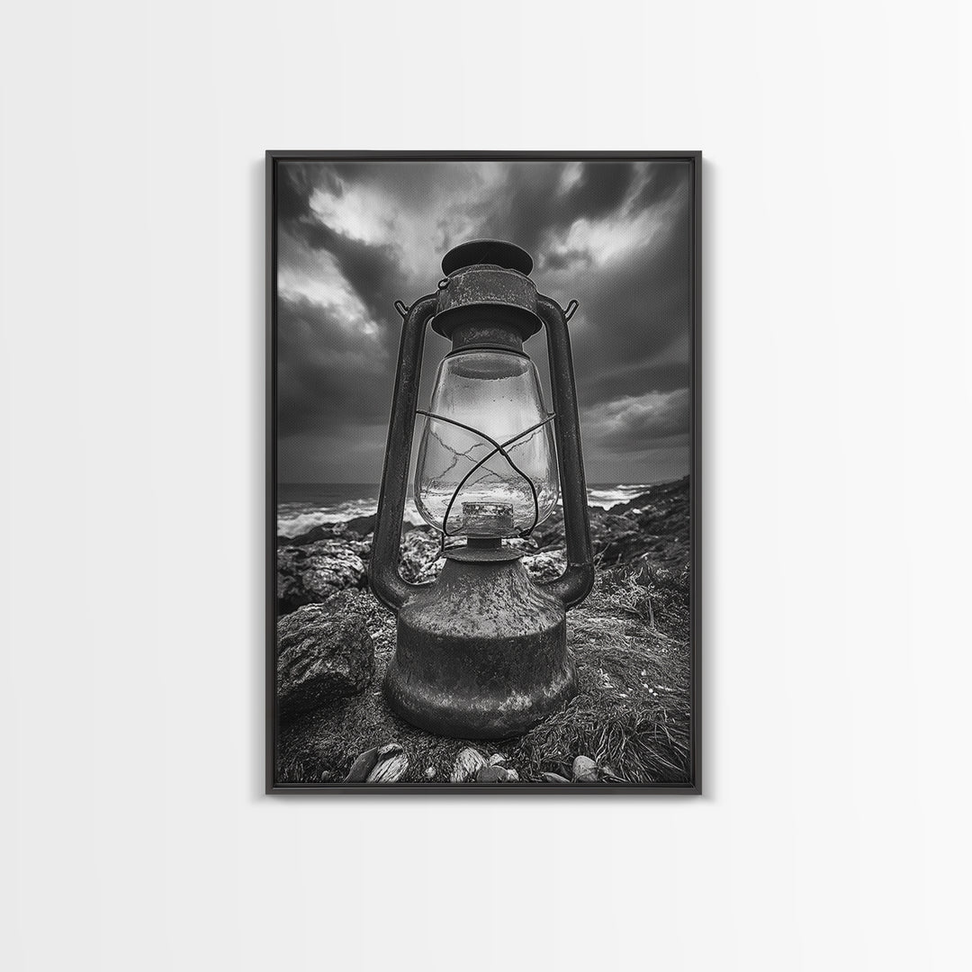 Stormy Lantern by the Sea, nautical decor, moody art, seascape painting, coastal painting, rustic wall art, framed canvas print
