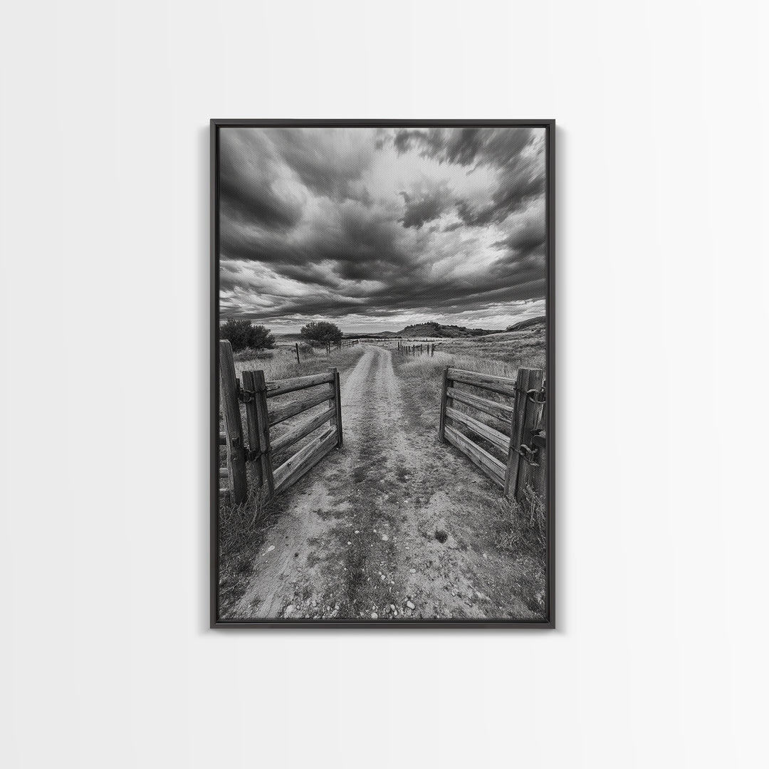 Open Ranch Gate, southwest wall art, moody art, western home decor, rustic art, farmhouse painting, framed canvas print, cowboy aesthetic