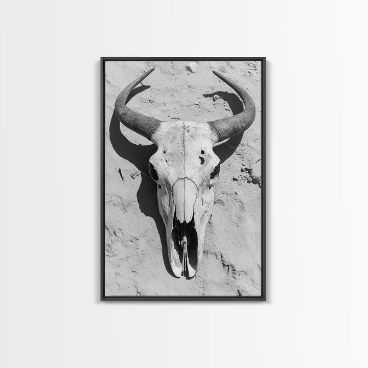 Bull skull, desert aesthetic, cowboy art, rustic decor, black and white photography, boho art, framed canvas print, western wall art