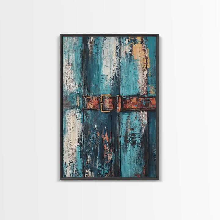 Rustic blue door, worn leather belt, southwest wall art, farmhouse art, textured painting, wabi sabi art, framed canvas print, rustic decor