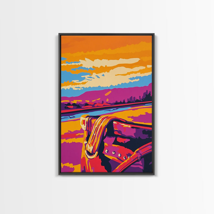 Desert Saddle, southwest wall art, rustic wall art, colorful western art, Joshua tree art, extra wide art, framed canvas print