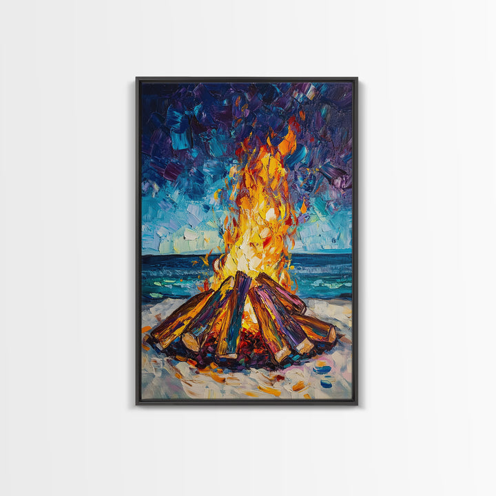Beach Bonfire, coastal painting, moody art, seascape painting, coastal decor, nautical painting, original painting, framed canvas print