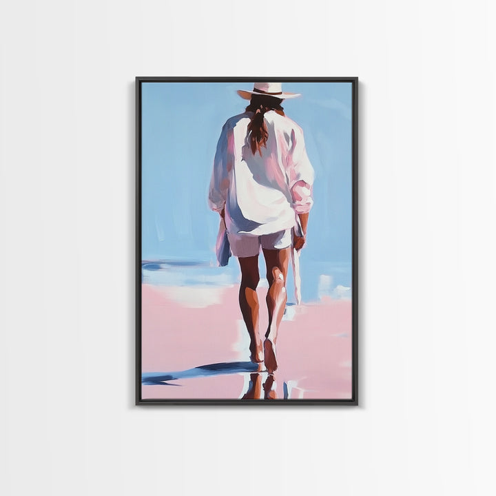 Beach Walk, coastal cowgirl wall art, boho art, pink orange wall art, light pink wall art, coastal decor, framed canvas print
