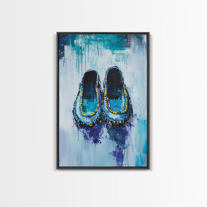 Blue Moccasins, boho art, whimsical art, teal wall art, folk art, rustic art, gift idea for her, original painting, canvas print