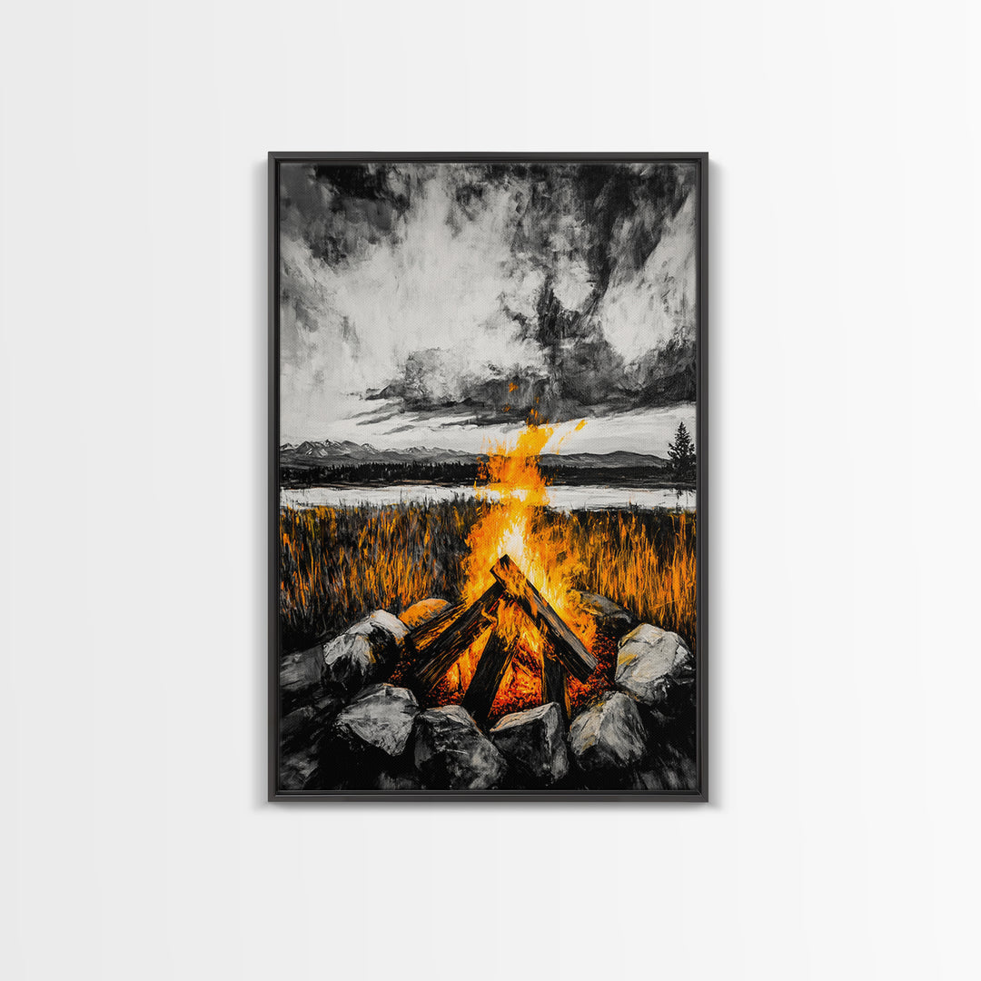 Campfire Painting, Moody Art, Rustic Wall Decor, Fire Pit Artwork, Black White Orange Art, Framed Canvas Print, Cabin Wall Art
