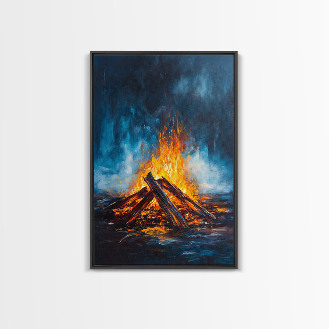 Bonfire Night, Moody Art, Rustic Decor, Canvas Print, Fire Art, Dark Romance Painting, Fall Wall Art, Cozy Living Room Art, Gift Idea