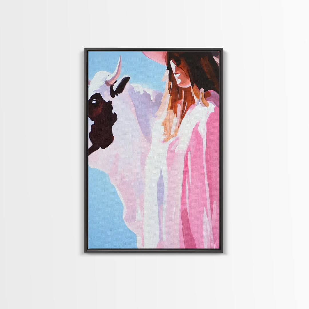 Cowgirl and Cow, black cowgirl painting, coastal cowgirl wall art, western decor, gift idea for her, boho art, light pink wall art, Canvas Print